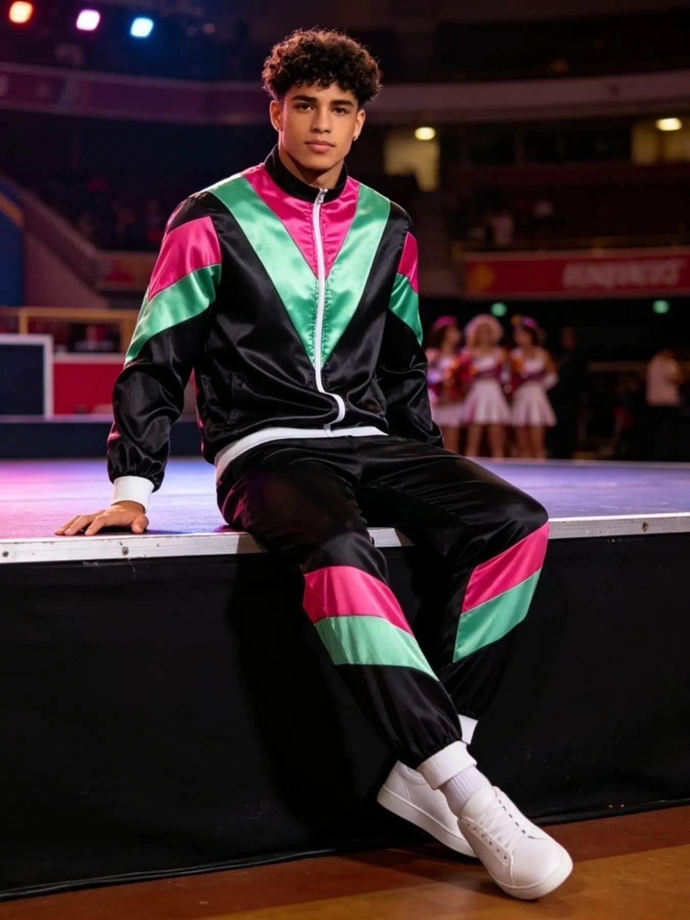 80s Varsity Tracksuit for Cheerleader | Retro Disco Jogger Suit with Zip Up Jacket + Side Stripe Pants | Fluorescent Color Block Costume for Spirit Day