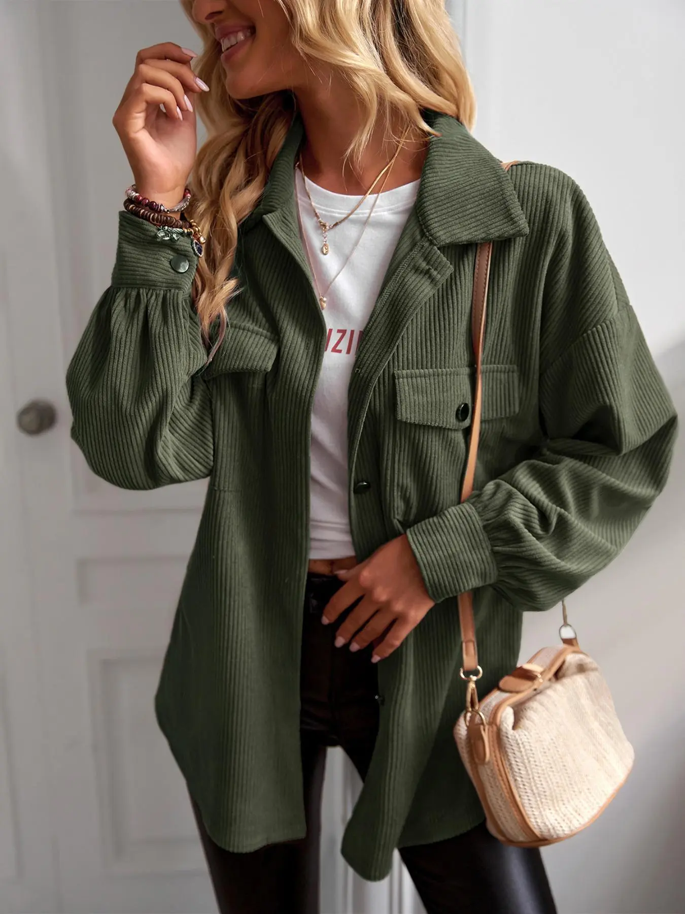 Women's Corduroy Shirt Jacket - Elegant Long Sleeve Collared Button Down Top, Comfortable Loose Fit for Casual Commuter Wear, Elegance, Tops, Clothes, Office Work Clothes, Casual Wear, Outerwear, Style, Fashion, Longsleeves, Women's Fashion, Relaxed Fit,,