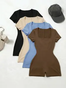 Women's Spring Summer Square Neck Short Sleeve Jumpsuit Set, Womenswear, Slim Fit Casual, Basic, Minimalist, Perfect for Daily Wear & Layering, Square Neck Rompers, Casual Style Jumpsuit