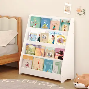 Kids Bookshelf, 4 Tier Kids Wooden Bookshelf, Toddler Sling Bookcase Montessori Bookshelf, Children Front Facing Book Shelf for Nursery, Playroom and Classroom, White