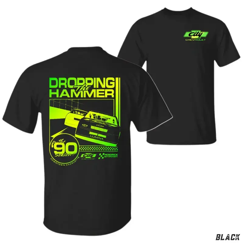 Men's Dropping the Hammer Chevy Short-Sleeve Casual Cotton Fabric T-Shirt, Retro 90s Stock Car Racing Graphic, Neon Green Speed Track Menswear for Car Enthusiasts & Motorsports Lovers, Shortsleeve