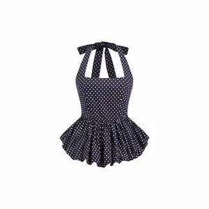 Cider Cotton-blend Polka Dot Halter Neck Ruffled Peplum Tank Top SwimWeek