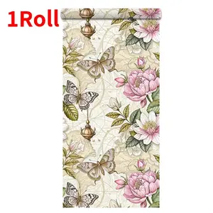 1 Roll of Retro Style Floral Wallpaper, Pink Butterfly & Grass Pattern Self-Adhesive Removable Wallpaper, Spring Aesthetic Peel-and-Stick Wall Decals, Waterproof Contact Paper for Living Room, Kitchen, Bedroom, Dorm Room Decorations, Vintage Aesthetic