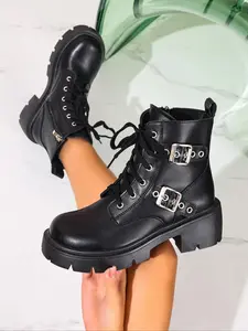 Women's lace-up combat boots, Goth boots, stylish and comfortable footwear suitable for outdoor activities and daily casual wear, accessories perfect for streetwear and punk styles, featuring stable heels, ideal for petite individuals, Rubber