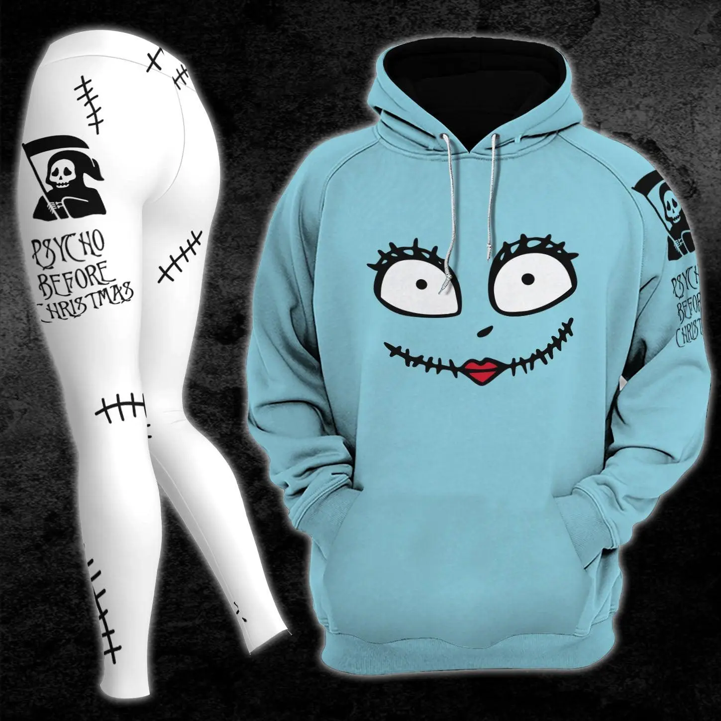 Nightmare Blue & White Women's Hoodie and Leggings Set | Gothic Cartoon Graphic Hooded Sweatshirt & Matching Leggings | Halloween Christmas Outfit | Cozy Fall Winter Streetwear Gift for Her