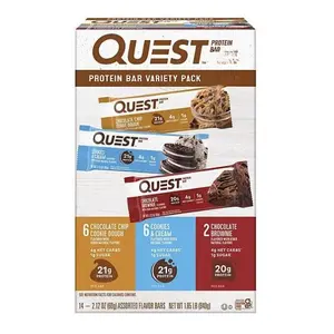 Quest Protein Bars Gluten Free Variety Pack Chocolate Chip Cookie Dough Cookies Cream & Chocolate Brownie Bars 14 ct
