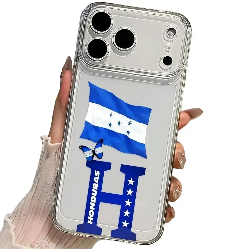 Transparent drop-proof phone case compatible with iPhone 17 Pro Max, 16 Plus, 15, 14, 13, 12, 11, and Air; Honduras flag design; non-yellowing transparent silicone protective case with shock resistance; trendy element design.
