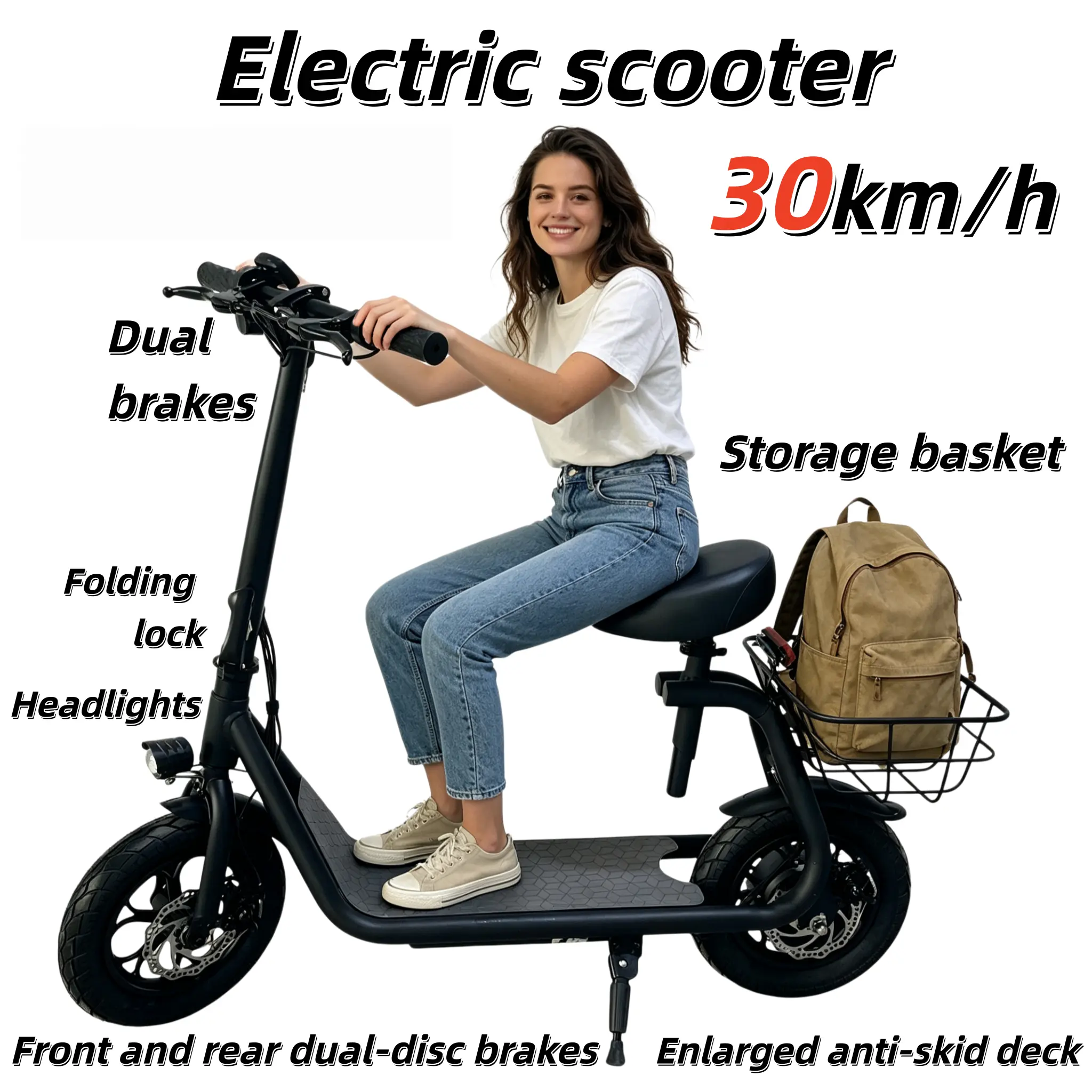 Foldable Front Stem Electric Scooter - 36V 7.8Ah Battery, 30km/h Max Speed, 3 Speed Modes, Rear Storage Basket, Comfortable Seat, Anti-Slip Deck, Front Headlight, Suitable for Daily Commuting, Urban Travel