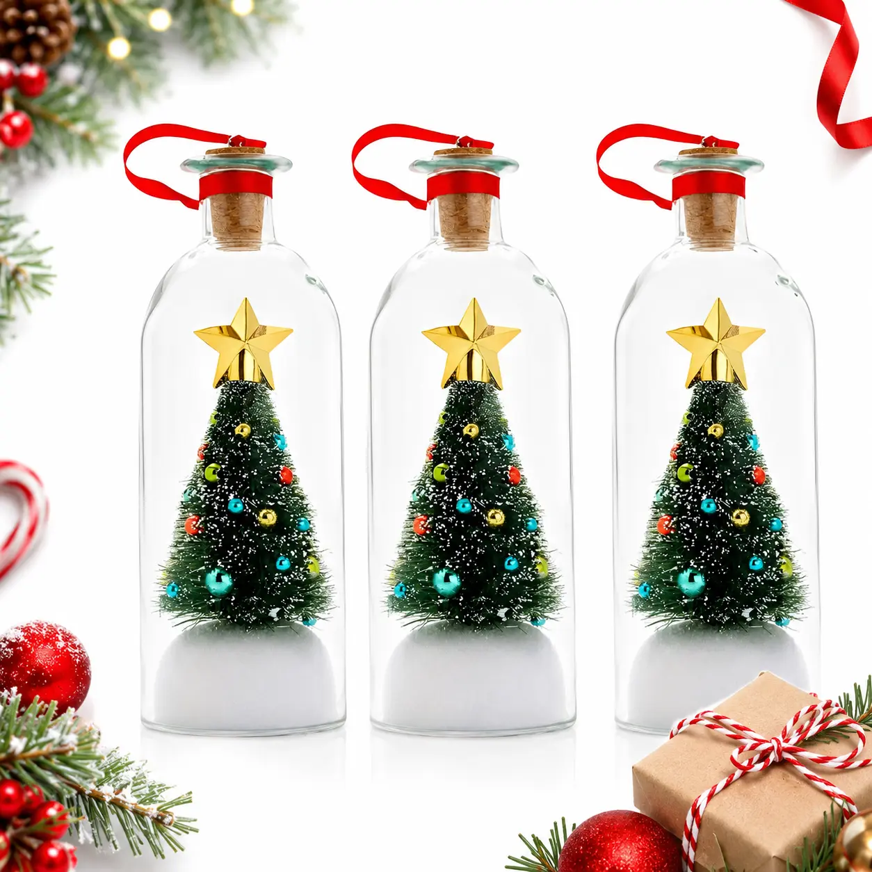 3 Pcs Small Glass Recordable Message-in-a-Bottle Mini Frosted Christmas Tree Ornaments, Personalized Voice Keepsake Cork Decor, Magical Festival Party Home Display Gift
