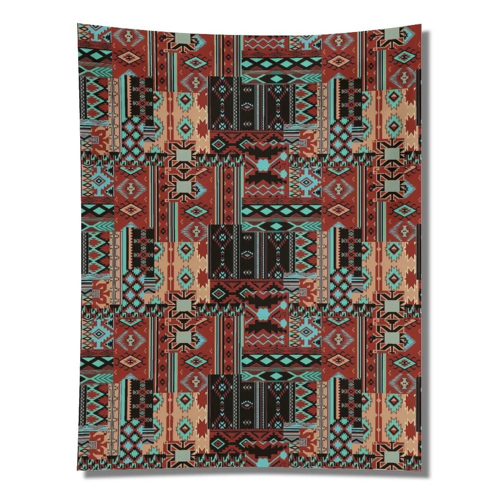 Red Teal Southwest Aztec Geometric Tribal Native Seamless Print Wall Tapestry, Boho Western Desert Aesthetic Hanging, Dorm/Home Wall Decor, Room, One-Piece