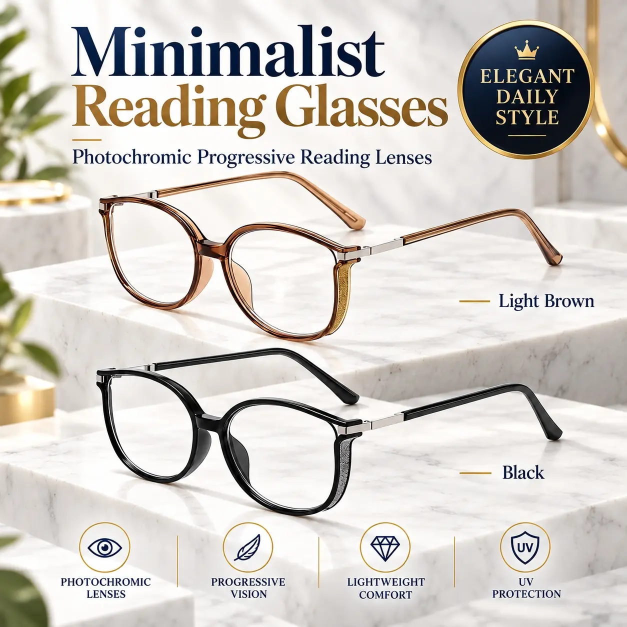 Progressive Multifocal Photochromic Reading Glasses for Women Men, Semi-Rimless Metal Frame Blue Light Blocking No-Line Readers, Lightweight Brown Glitter Glasses for Reading & Computer, sohochic