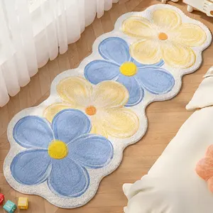ins cream style flower shape irregular bedside strip carpet blue floral bedroom decoration plush carpet fluffy soft living room washable carpet warm cloakroom lounge study non-slip floor mat Decorative Area Rug Floral Shaped Rug Flower Pattern Rugs
