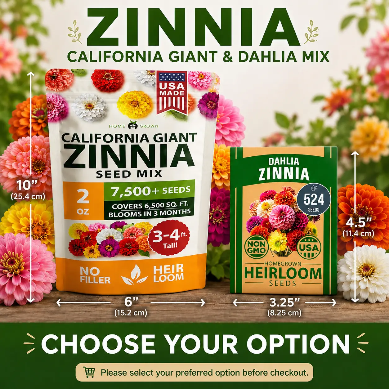 California Giant, Dahlia Zinnia Flower Seeds - 2 Pack Premium Seeds, 100% Pure Heirloom, No Fillers, USA Grown, Outdoor Garden, Full Sun, Rainbow Colors (Multiple Variations), 2 Pack Zinnia Dahlia
