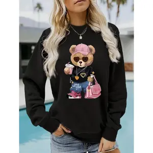 Teddy Bear Print Sweatshirt for Women, Casual Loose-Fitting Long Sleeve Pullover, Comfortable Sportswear for Fall & Winter Hoodie Soft