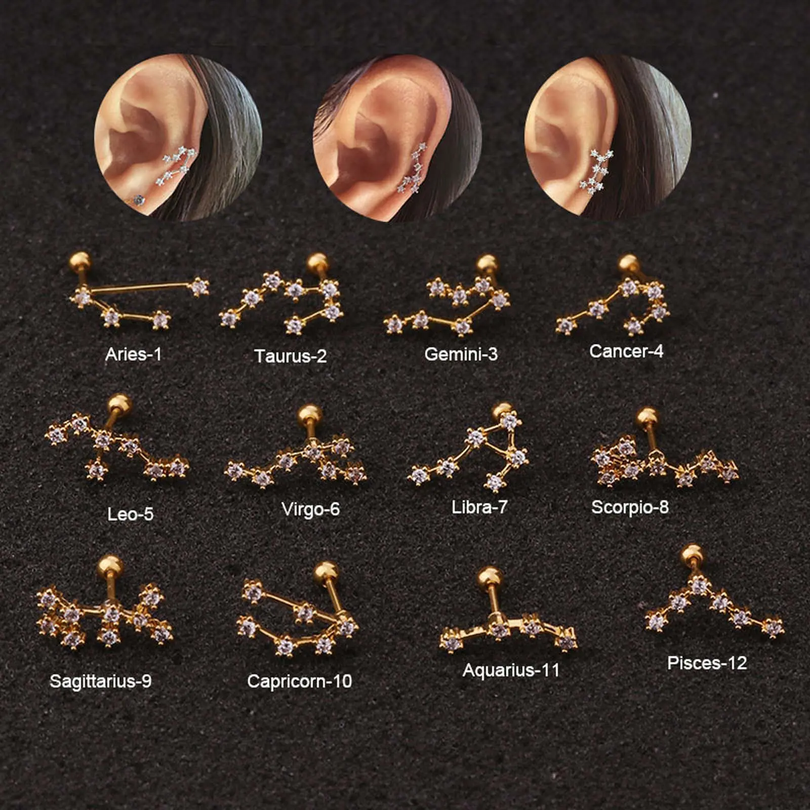 Zircon stainless steel twelve zodiac ear bone studs golden, silver and rose golden three colors optional unisex jewelry