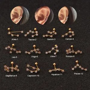 Zircon stainless steel twelve zodiac ear bone studs golden, silver and rose golden three colors optional unisex jewelry