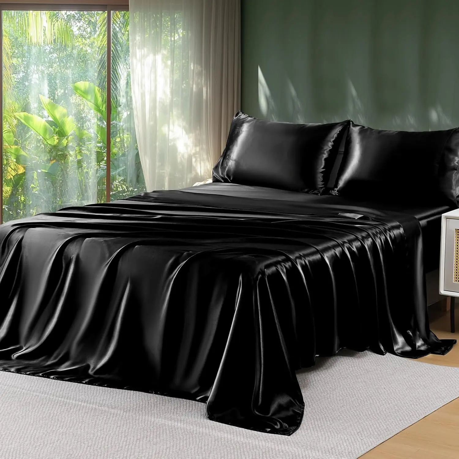 Sasttie Queen Size Satin Bed Sheets Set - 4-Piece Luxury Soft Black Bedding, Smooth Satin Fabric, Reinforced 14-In Pocket, Oeko-Tex Certified, Wrinkle-Free Bed Set with Pillowcases
