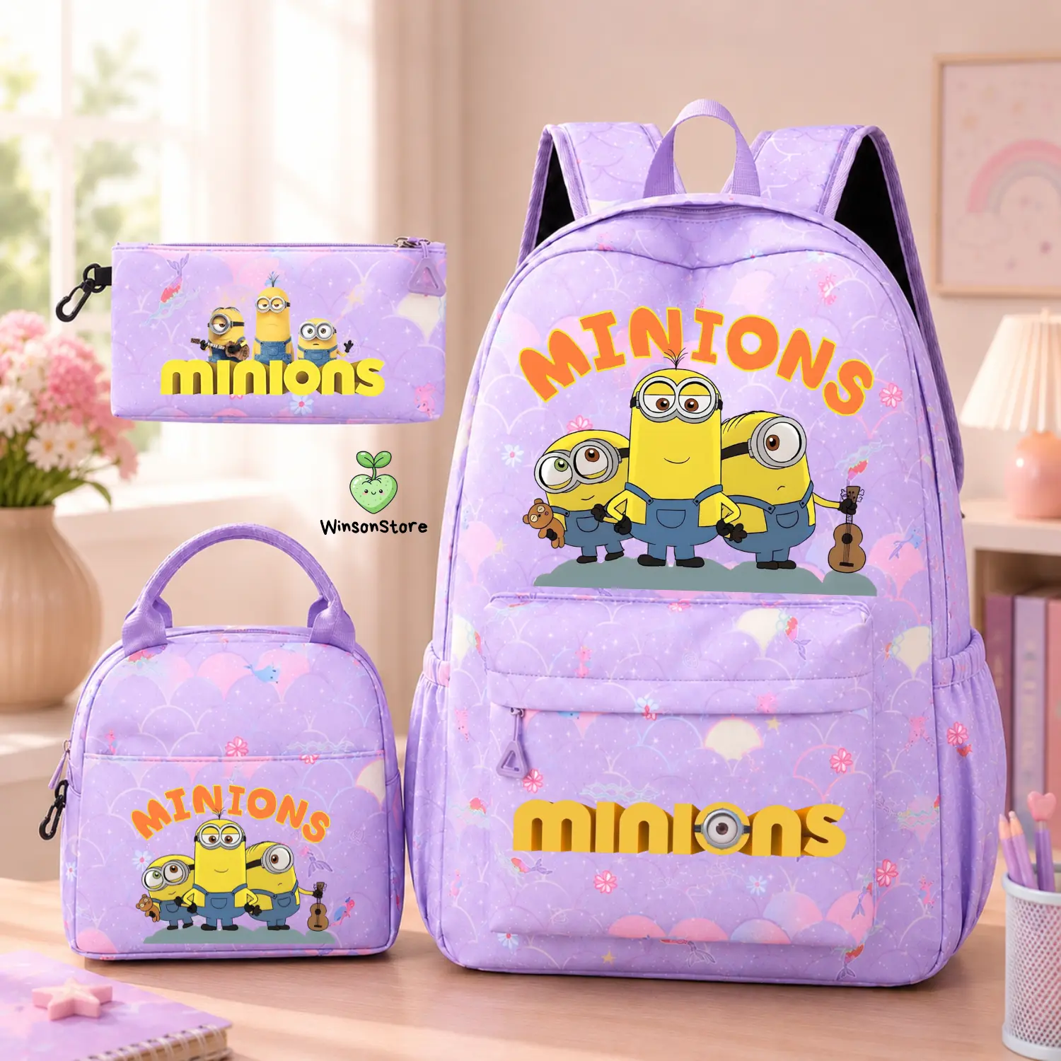 Minions 3PCS Kids Backpack Set with Lunch Bag & Pencil Case | Cartoon School Bookbag for Boys Girls | Lightweight Elementary School Bag