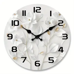 25cm Simple White Flower & Golden Leaf Pattern Wooden Veneer Wall Clock, Floral Theme Silent Non-Ticking Clock, Home Decor for Living Room Bedroom Kitchen Office, Modern Art Decoration, Ideal Valentine's Day New Year Birthday Gift (Battery Not Included)