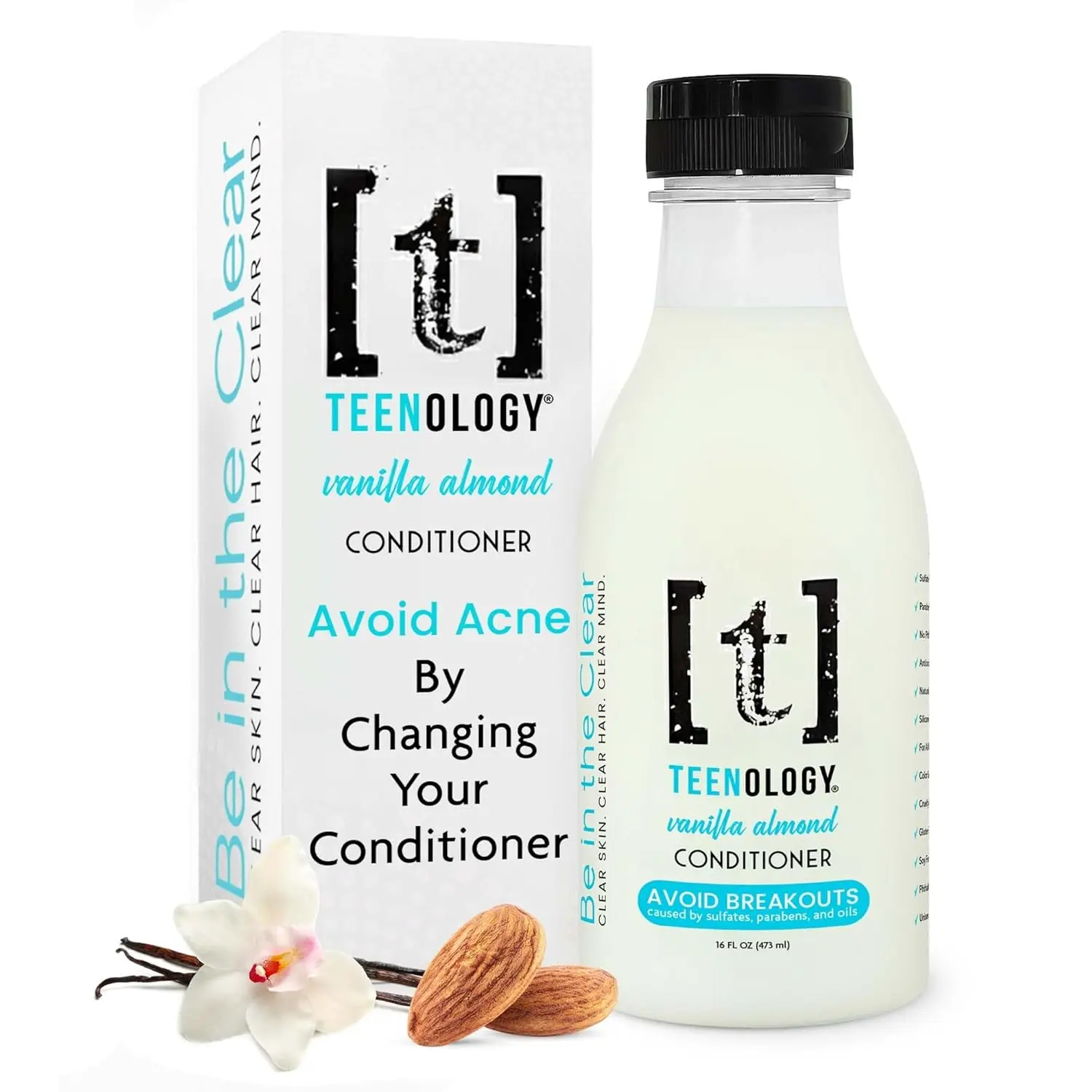 TEENOLOGY Teen Safe Conditioner to Avoid Acne - Dermatologist Recommended - No Sulfates, Parabens, or Pore-clogging Oils, Noncomedogenic, Moisturizing Haircare for Teens with Forehead or Body Acne, Hydrating Blend, Vanilla Almond Aroma