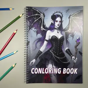 Gothic Coloring Book with Mysterious Character Bat Wings Amethyst Staff Dark Fantastical Atmosphere Immersive Gothic Culture Experience