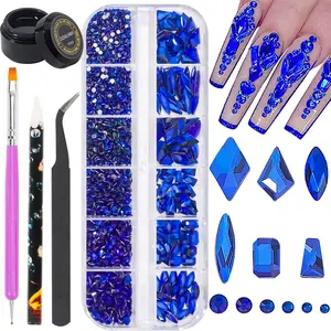 Blue Flat Back Rhinestones, Glass Beads With Bright Shine, Press-on Nail Tips Art Gems for Makeup, Face Design and DIY Crafts Decoration