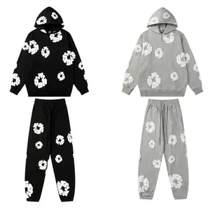 Unisex Y2K Designer Clothing Versatile Foam Print 2-Piece Set Classic Vintage Harajuku Pattern Hoodie Casual Long Sleeve Denim Tear Sweatshirt Hip Hop Style Set 2025 Women's Autumn Winter Outfits Denim Tears Pants Womenswear Gamis Trouser