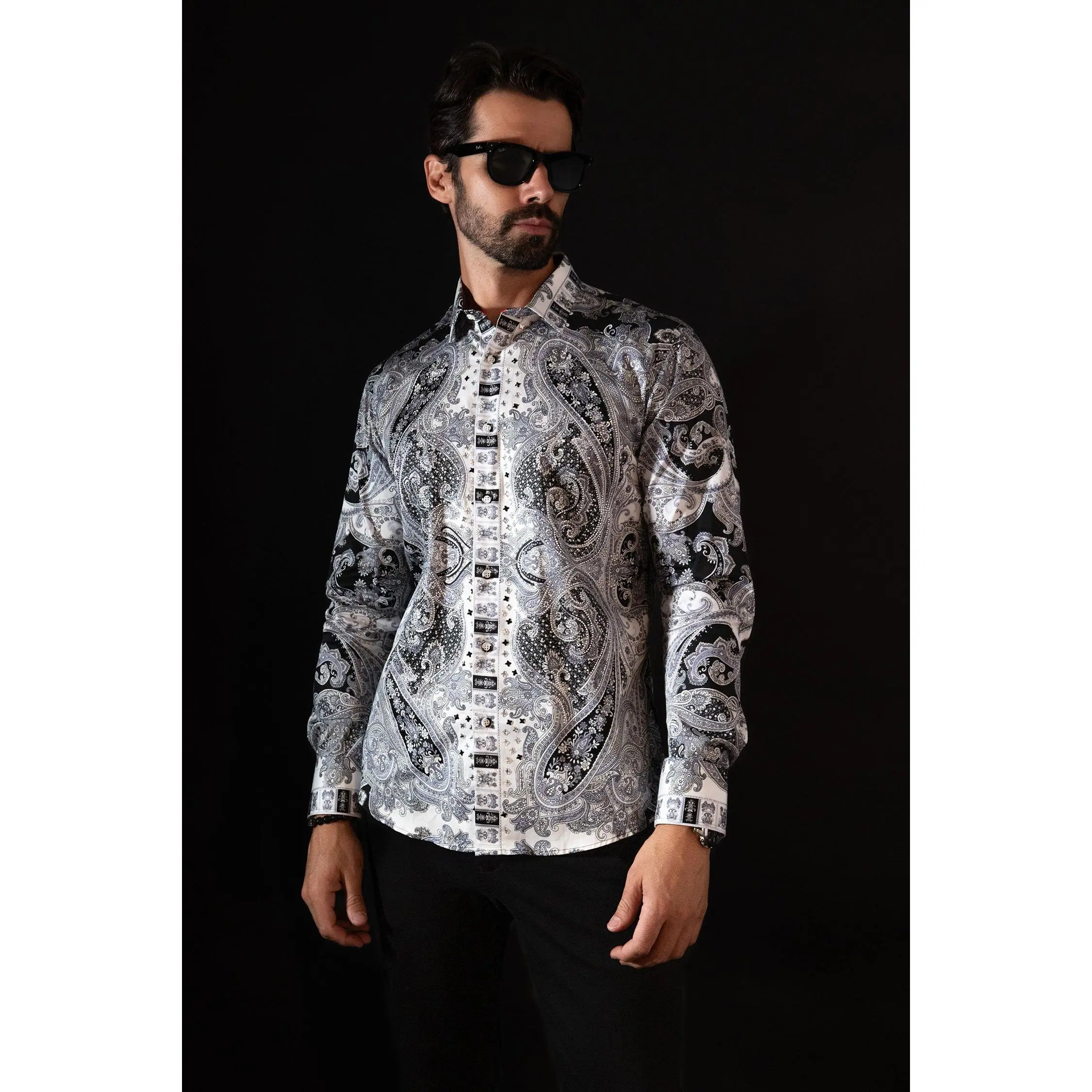 Paisley Rhinestone Long Sleeve Shirt - Cotton Fabric, Collar, Long Sleeves, Original Men's Top Menswear Set Formal Outfit Clothes White