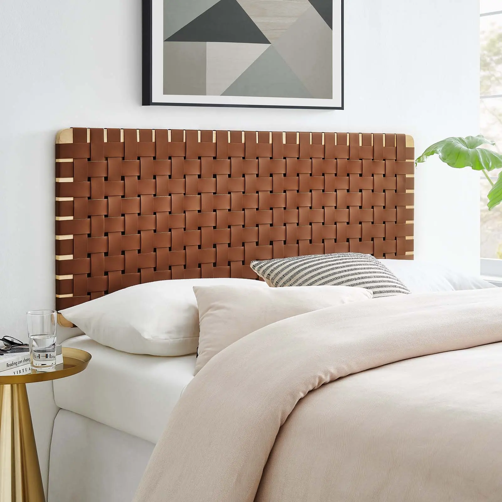 Modway Sparta Weave Full Faux Leather Headboard - Natural Brown, Wall Mounted, Adjustable Height, Compact, Clean Aesthetic Vegan Leather Headboard, Wall Mounted Headboard