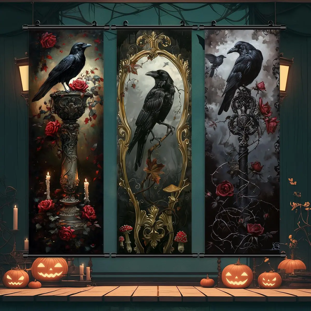 3 Count Halloween hanging banners, Home Decor Banner, Wall Decor Banner, Halloween animal crows, scary crow decorative paintings, Halloween posters, Halloween decorations, yard decorations, home decor, HD, waterproof