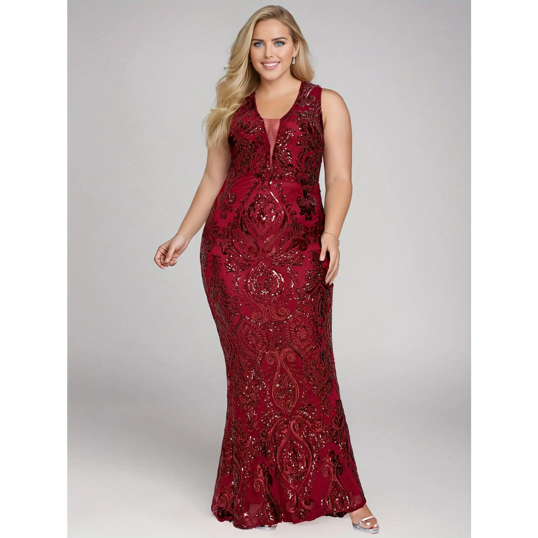 [Popular Choice] Elegant Plus Size Emerald Green Sequin Bridesmaid Dress - V-Neck, Sleeveless, Bodycon Maxi with Intricate Floral Patterns, Perfect for Weddings