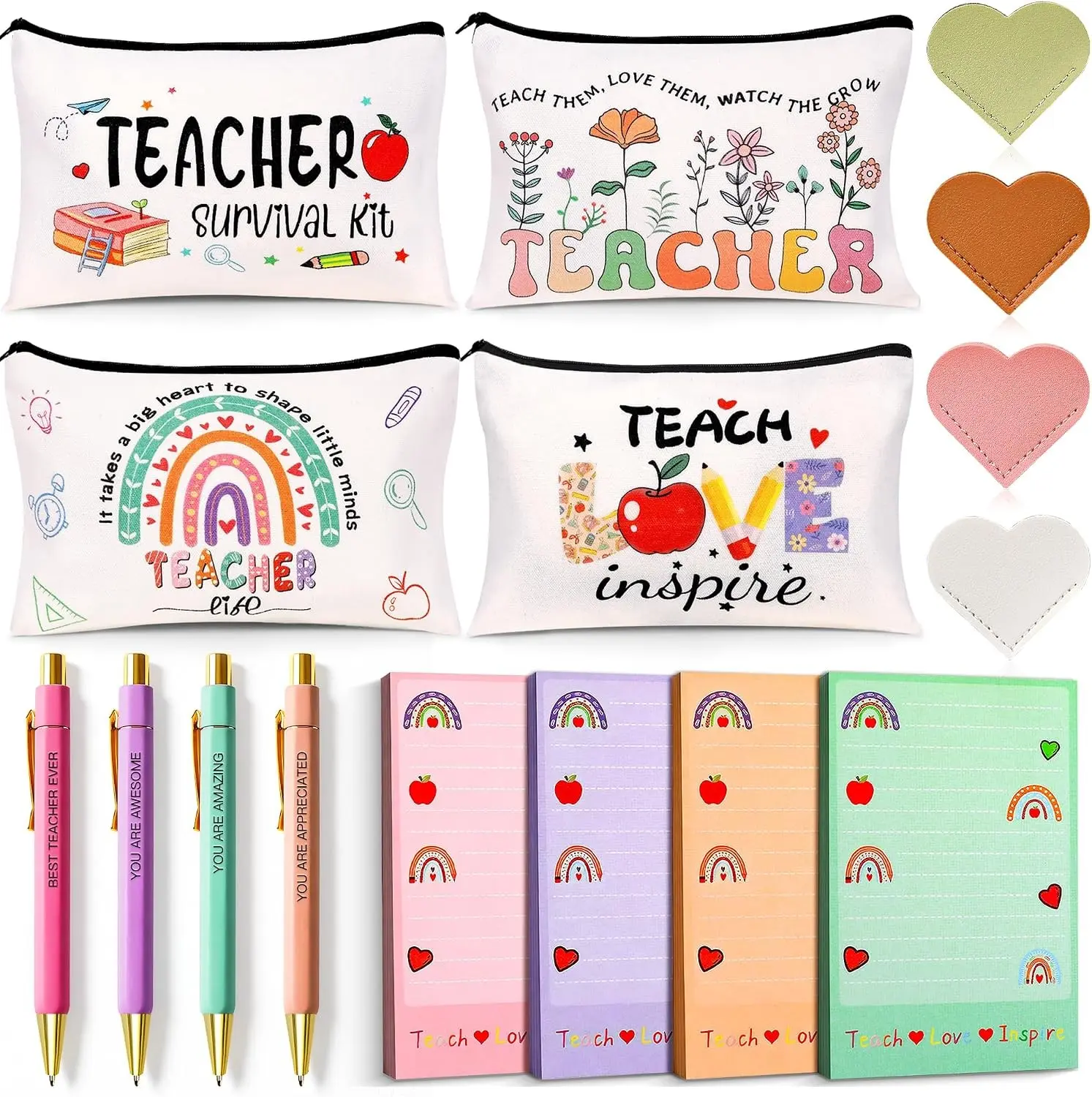 Teacher Appreciation Gifts Bulk, 16Pcs Gifts for Women with Teacher Survival Kit Makeup Bags, Bookmarks, Notepad and Pens, Christmas Valentines Gifts for Appreciation