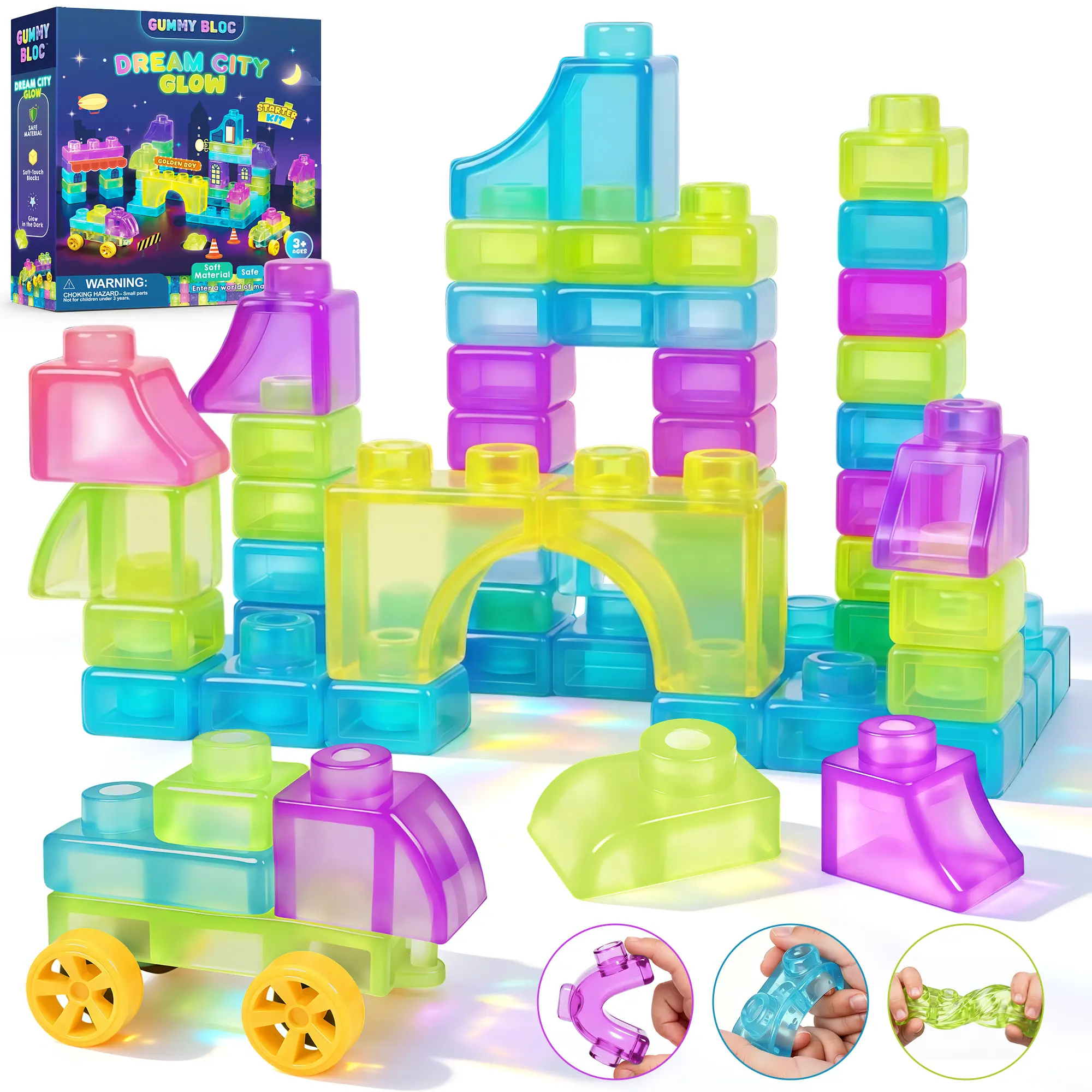 Craftspot Gummy Bloc 57 PCS Soft Glow in The Dark Building Blocks for Toddlers, Dream City Glow Starter Kit, Squishy Sensory Stacking Toy with 2 Buildable Vehicles, Montessori STEM Preschool Gift for Boys Girls