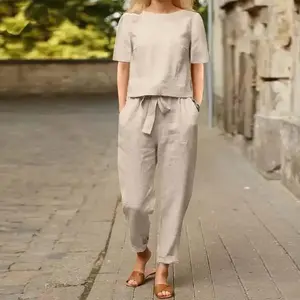 Women's cotton and linen summer suit half-sleeved O-neck oversized blouse e wide-leg pants retro loungewear Clothes Womenswear
