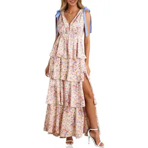 Fessceruna Womens Summer Floral Maxi Dress Tie Strap Sleeveless V Neck High Slit Boho Ruffle Tiered Beach Dresses