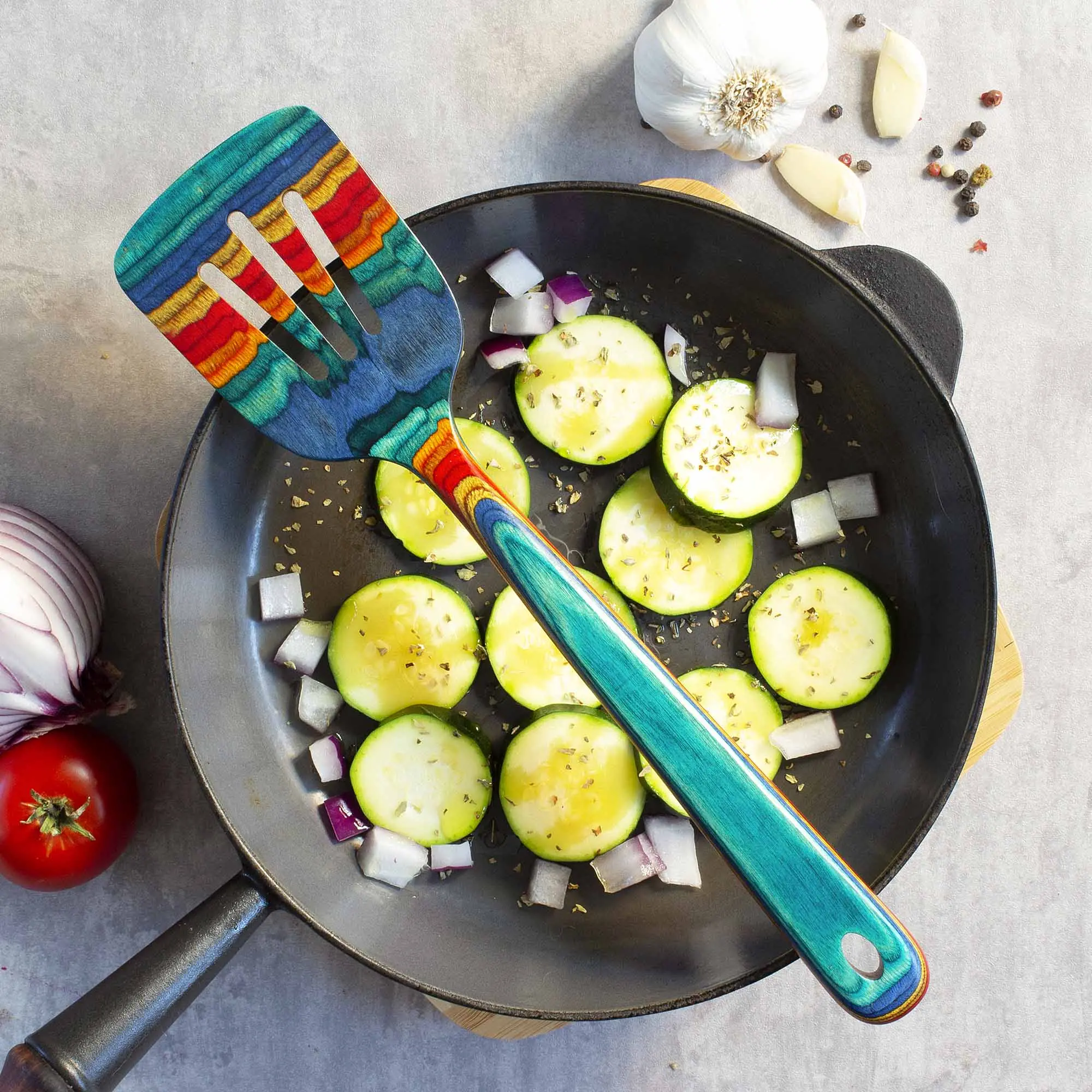 Baltique Montego Bay Collection Slotted Spatula, 12-1/2" - Wooden Kitchen Utensil for Flipping, Turning & Serving - Colorful Teal, Gold, Red & Orange Design