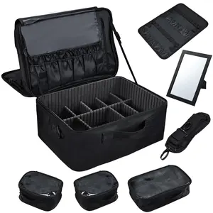 3 Layers Extra Large Makeup Case with Mirror 3 Clear Bags Shoulder Strap Trolley Sleeve Travel Train Case Professional Makeup Box Nail Organizer Salon Barber Suitcase