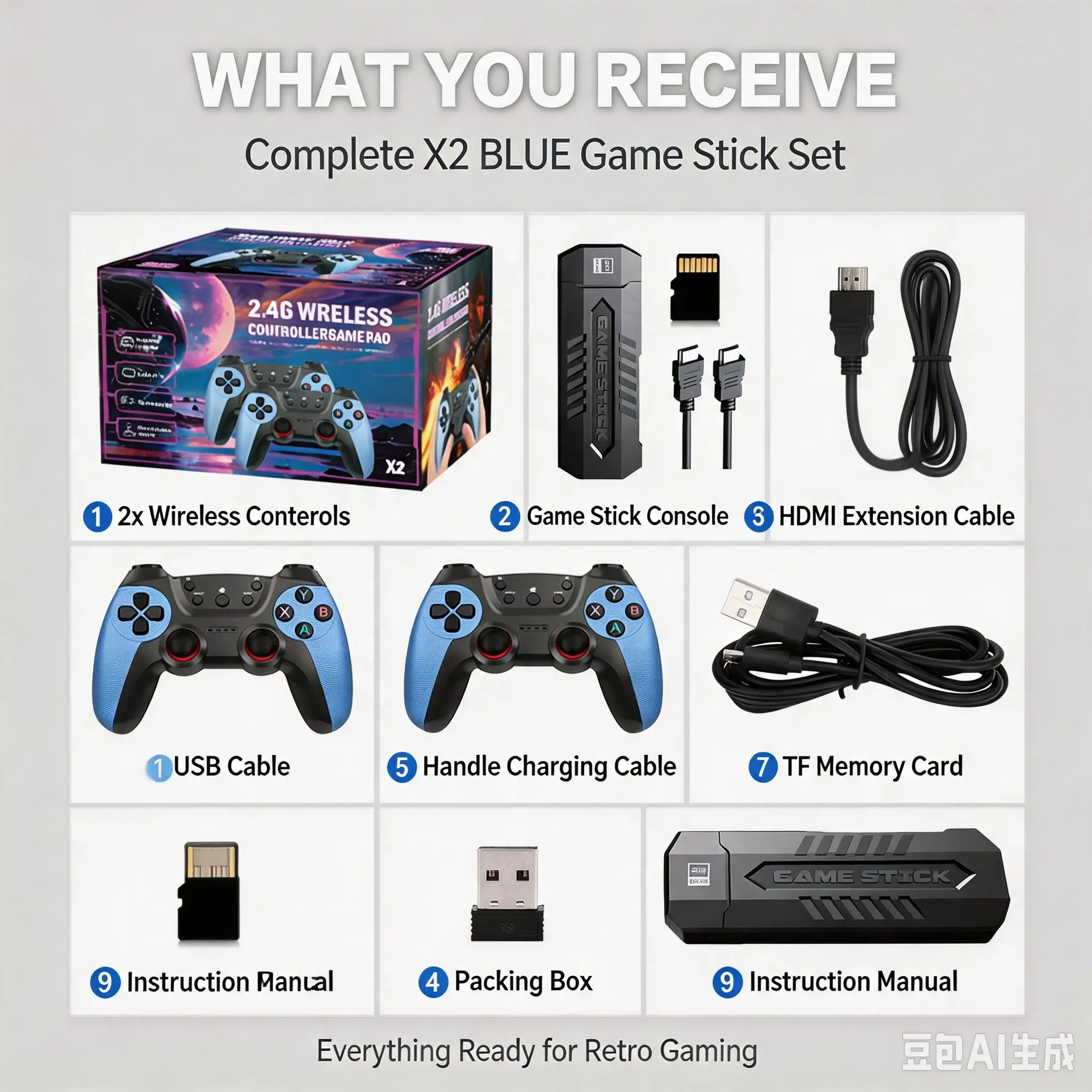 X2 Blue Retro Game Stick 4K HD, 2.4G Wireless Controllers 2-Player Arcade Gaming Console, HDMI Output for TV, Built-in 30+ Emulators, Plug & Play, Nostalgic Video Games for Home