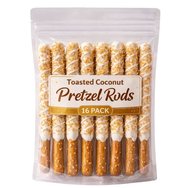 Toasted Coconut White Chocolate Pretzel Rods 16 Pack Made Fresh to Order Individually Wrapped Gourmet Treats