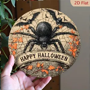 8 inch round aluminum Halloween metal signage - spooky black and orange spider web wall art with bat, pumpkin and crack textures - perfect for porches, patios, living rooms, bedrooms with vintage style decor - no power supply required, ideal holiday gift