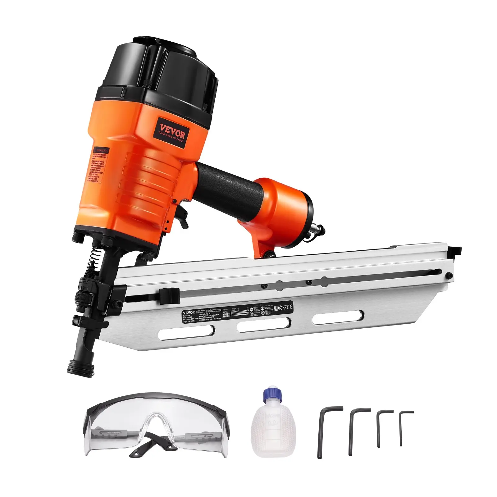 【summerfinds】VEVOR Pneumatic Framing Nailer - 2-3.5 Inches 21° Full Round Head, 80-120 PSI Pressure, Aluminum Body, Efficient Magazine, Power Tool for Woodwork
