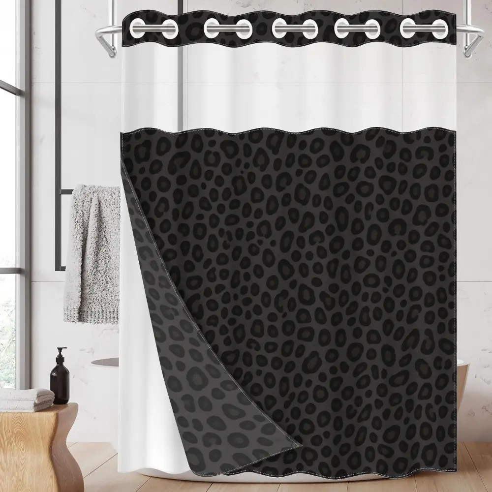 1pc hookless, Removable shower curtain with buckle lining, black and gray leopard print design, 2D flat printing, fabric waterproof lining, see-through double-layer shower curtain, 71 x 74 inches, modern home curtain, Bathroom Curtain