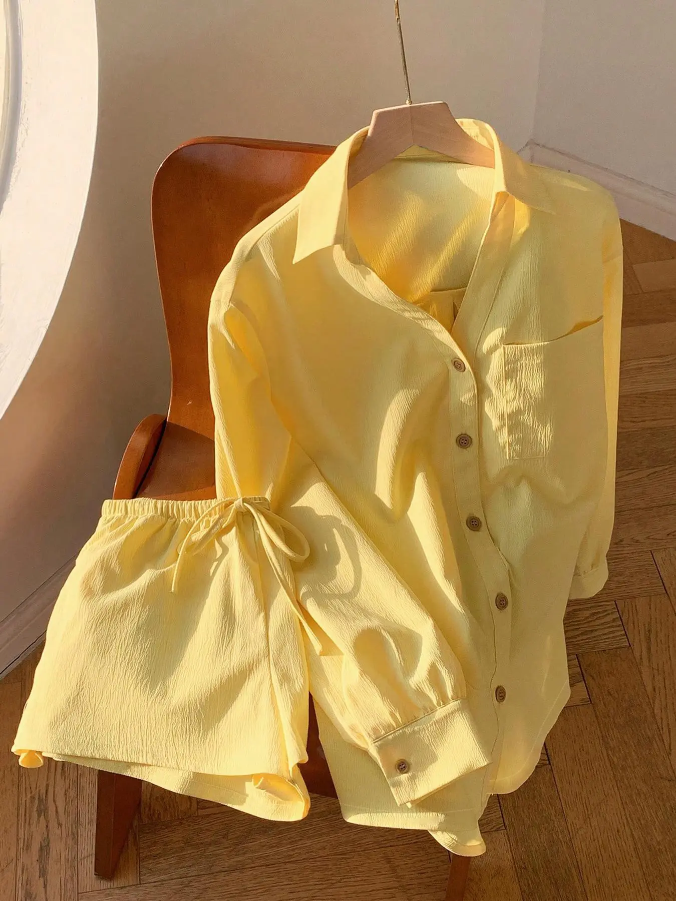 Women's Long Sleeve Shirt & Shorts Matching Set, Summer Outfits Set, Casual Style Set, Basic Casual Fashion for Spring Summer, Comfortable Daily Wear Womenswear Clothing for Women, Tops