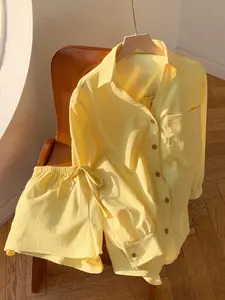Women's Long Sleeve Shirt & Shorts Matching Set, Basic Casual Fashion for Spring Summer, Comfortable Daily Wear Womenswear Clothing for Women, Tops