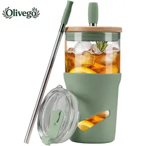 【Olivego】Eco-friendly 20oz Glass Tumbler with bamboo lid, 2-in-1 straw & anti-slip silicone sleeve. Perfect for iced coffee, smoothies & more! Durable, stylish & great for on-the-go hydration! Gift for Him & Her#1