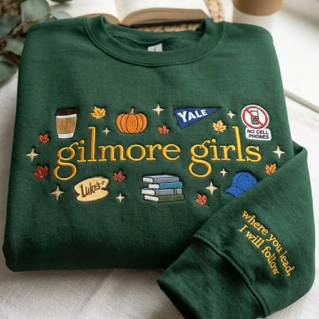 Embroidered Retro Movie Inspired Sweatshirt, Gilmore Girls Coquette Crewneck, Star Hollow Fall Apparel, Cozy Autumn Lover Gift