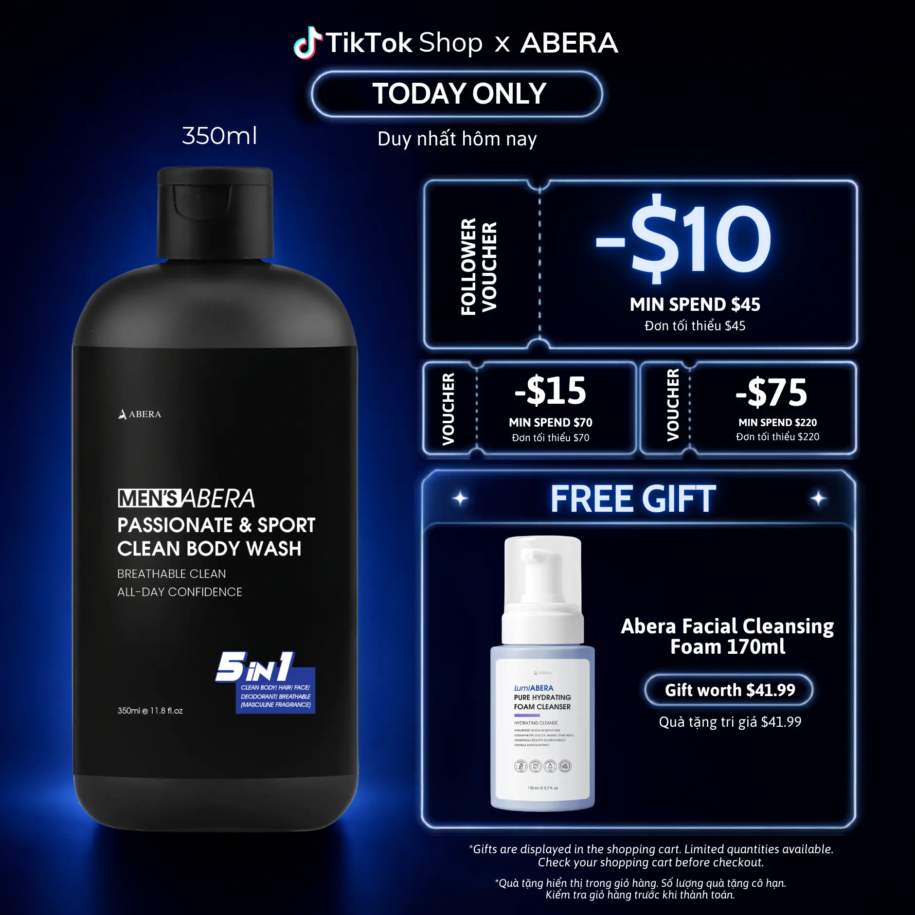MEN’S ABERA 5-in-1 Men’s Perfume Body Wash & Shampoo 350ml - For Body, Hair & Face, Helps Reduce Body Odor with an Attractive Masculine Fragrance