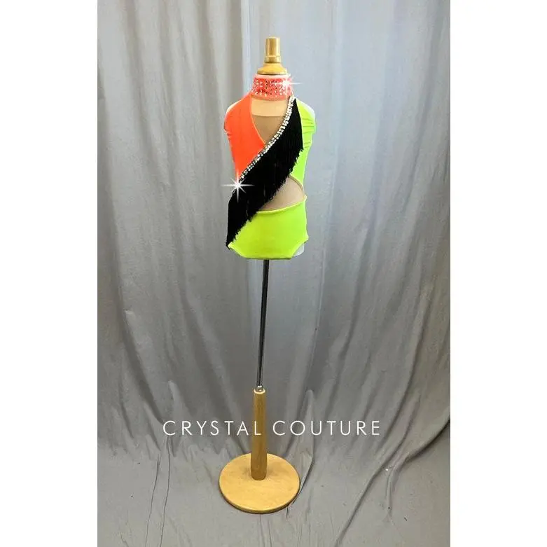 Neon Orange and Yellow Mock Neck Leotard with Black Fringe Accent -Rhinestones