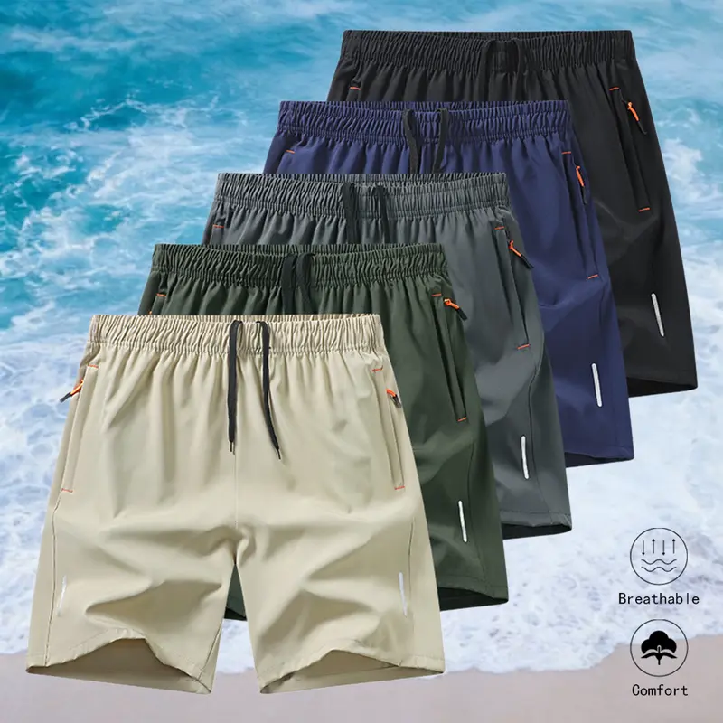 Men's 5-Pack Athletic Shorts - Above the Knee, Active Casual, Minimalist Reflective Stripe, Elastic Waist Drawstring, Zip Pocket, Breathable Machine-Washable Fabric, Ideal for Running, Basketball (Khaki, Army Green, Dark Gray, Dark Navy Blue)