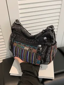 Bohemian Embroidered Shoulder Bag, Vintage Denim Crossbody Bag, Ethnic Style Women's Fashion Casual Bag, Adjustable Strap